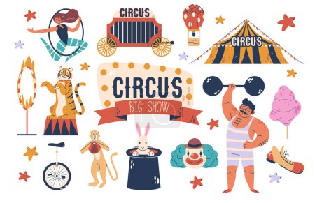 Photo for Vector Set With Circus Artists, Animals and Objects. Amusement Show Clown, Marquee, Strongman and Aerial Gymnast. Tiger, Rabbit in Hat, Monkey Festival and Carnival Performance Elements Collection - Royalty Free Image