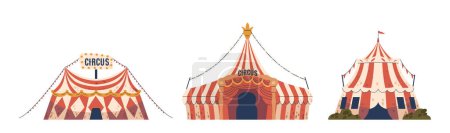 Téléchargez les illustrations : Tentes de cirque, grands et colorés dômes de marquis, logements merveilles à l'intérieur, écho avec rire, crainte, et la magie intemporelle de la performance. Tentes de toile rayée d'amusement. Illustration vectorielle de bande dessinée - en licence libre de droit