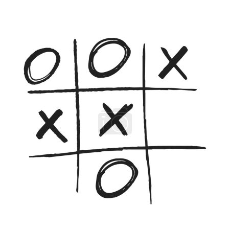 Tic Tac Toe Xo Game, modèle de grille de caniche dessinée à la main avec symboles X et O isolés sur fond blanc. Grunge Tic Tac Toe Game avec des croix et des cercles à l'intérieur de cellules carrées. Illustration vectorielle