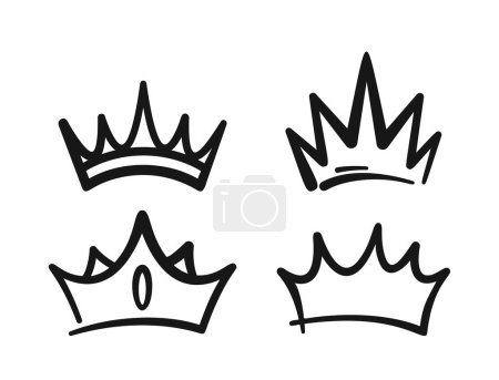Téléchargez les illustrations : Collection Doodle Crown. Diadèmes ou Tiaras amusants et bizarres dessinés à la main. Éléments vectoriels monochromes pour les projets créatifs. Icônes de style graffiti de princesse, princes reine, et roi Regal Headwear - en licence libre de droit