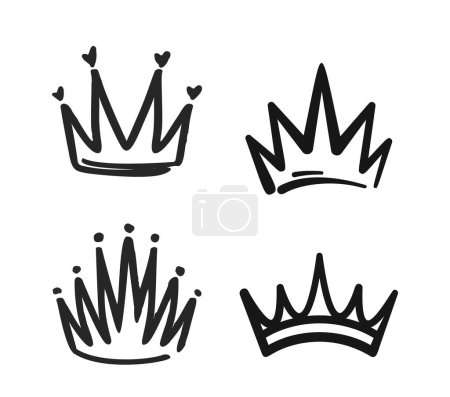 Photo for Doodle Crowns, Playful, Quirky Hand-drawn Diadems, Tiaras, And Regal Headpieces. Monochrome Vector Graphics. Princesses, Princes, Queens, And Kings Crowns Black Graffiti Icons On A White Background - Royalty Free Image