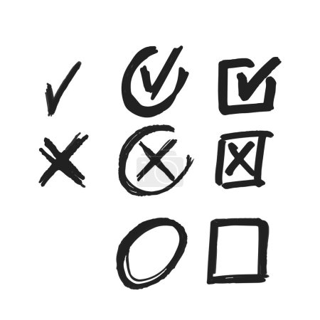 Doodle Cross y Check Marks. Vector X Símbolo que indica incorrecto o negativo, mientras que una marca de verificación V Símbolo que indica correcto o afirmativo. Letreros dibujados a mano incompletos dentro del círculo y la plaza