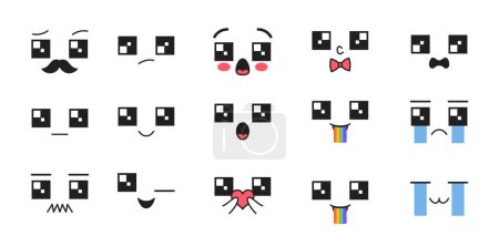 Kawaii-Emojis, unglücklich, weinend oder schüchtern Gesicht Merkmal groß, quadratisch, Glitzernde ausdrucksstarke Augen, Tränen, rote Wangen, Augenzwinkern, aufgeblähter Regenbogen, Verkörperung verschiedener Emotionen. Zeichentrickvektorillustration