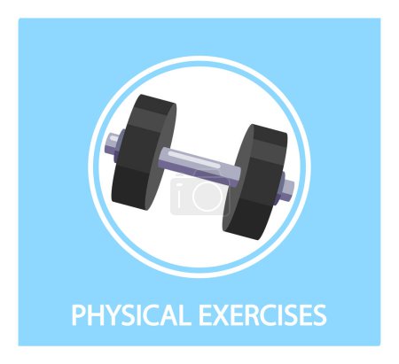 Illustration for Poster With Dumbbell and Physical Exercises Inscription. Fitness Muscle Workout, Arthritis Treatment, Motivation Concept. Inspiring Gym Creative Bold Typography on Blue Background. Vector Illustration - Royalty Free Image