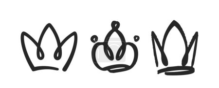 Ilustración de Doodle Crowns Monochrome Vector Elements. Diademas dibujadas a mano humorísticas, Tiaras, y ropa de cabecera real para proyectos de diseño creativo. Iconos aislados de la corona de graffiti negro para princesa, príncipe, reina o rey - Imagen libre de derechos