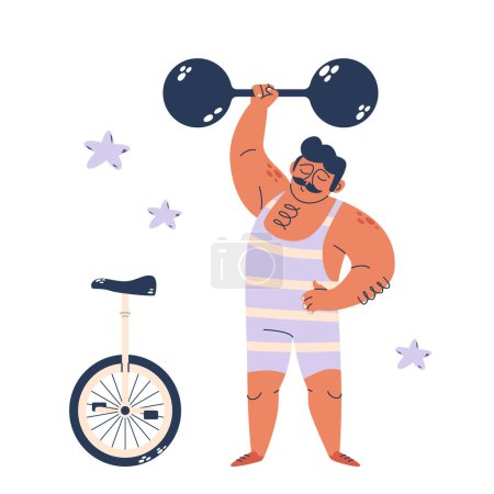 Illustration for Circus Strongman with Bulging Muscles Hoists The Massive Barbell With Effortless Might Captivating The Audience. Healthy Athlete Perform Show Program at Big Top Tent Arena. Cartoon Vector Illustration - Royalty Free Image