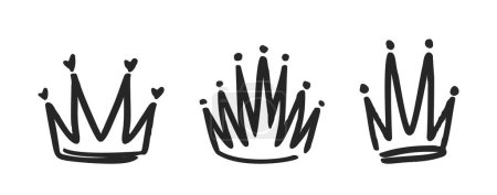 Téléchargez les illustrations : Couronnes de caniche, diadèmes dessinés à la main comiques, tiares et coiffures royales. Éléments vectoriels monochromes pour les projets créatifs. Princesses ludiques, princes, reines ou rois Couronnes royales Graffitis icônes - en licence libre de droit