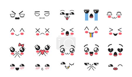 Kawaii Facial Expressions, Emojis Set. Angry, Bloat with Rainbow, Smile, Mustached Gentleman with Monocle, Shy and Sleeping Vampire with Fangs. Sweet Characters Emotions. Cartoon Vector Illustration
