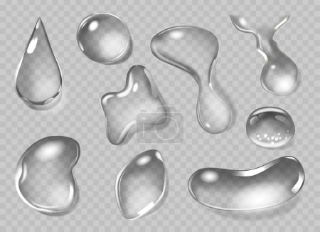 Illustration for Transparent Water Drops of Different Shapes 3d Vector Design Elements. Realistic Condensation Droplets, Isolated splashes or Bubbles. Fresh Raindrops, Wet Aqua Dews with Light Reflections - Royalty Free Image