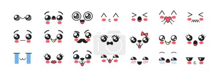 Illustration for Kawaii Emojis Feature Adorable Expressions, Such As Smiling Faces With Rosy Cheeks, Hearts, Cute Animals, And Vibrant Symbols, Evoking A Sense Of Warmth And Happiness. Cartoon Vector Illustration - Royalty Free Image