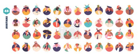 Illustration for Set of Lively Character Avatars in Funny Hats, Creating A Comical And Cheerful Visual Celebration Of Individuality. Cartoon People Wearing Birthday or Santa Caps, Sombrero, Horns. Vector Illustration - Royalty Free Image