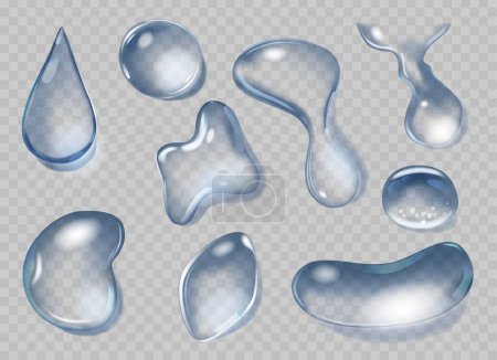 Conjunto de gotas de agua realistas, lágrimas o rocíos. Aislado 3d vector azul, esferas transparentes, reflectante y refractante luz, aferrándose a la superficie, gravedad tirando de ellos hacia abajo, dejando huellas en la superficie