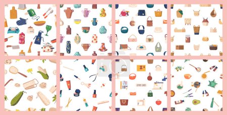 Seamless Patterns Set with Kitchen Utensils, Vases, Leather Bags, Sewing Machines and Items. Spa and Beauty Tools and Cosmetics, Nail Polish and Wicker Baskets. Cartoon Vector Tile Backgrounds