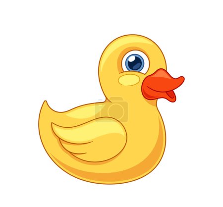 Kleine, leuchtend gelbe Gummiente mit freundlichem Gesicht und orangefarbenem Schnabel, die als Badespielzeug für Kinder verwendet wird. Lustiger Vogel isoliert auf weißem Hintergrund. Zeichentrickvektorillustration
