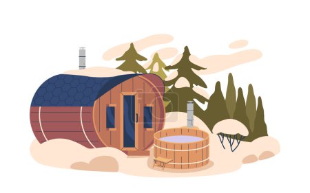 Rustic Wooden Barrel Bath Nestled Among Tall Trees, Filled With Warm Water, Steam Rising Against A Backdrop Of Lush Greenery And Dappled Sunlight. Spa or Resort Treatment. Cartoon Vector Illustration