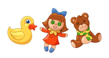 Photo for Colorful Kids Toys, Plush Teddy Bear, Doll and Yellow Rubber Duck, Action Figures, Art Supplies, And Imaginative Playthings Spark Creativity And Learning In Children. Cartoon Vector Illustration - Royalty Free Image