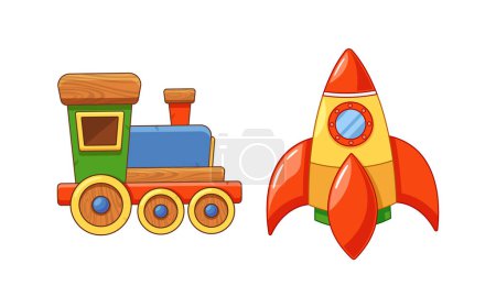 Vector Kinderspielzeug. Lokomotive tuckert entlang der Gleise, gibt Trillerpfeifen und Glocken ab. Plastikraketenschiff startet ins All, weckt Fantasie und treibt Träume von intergalaktischen Abenteuern voran
