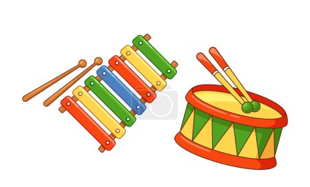 Illustration for Kids Toys, Colorful Drum With Sticks, Producing Rhythmic Beats. Xylophone With Vibrant Keys, Creating Melodious Tunes. Instruments for Musical Exploration In Children. Cartoon Vector Illustration - Royalty Free Image