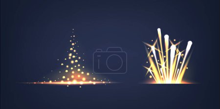 Ilustración de Explosiones brillantes doradas luminosas con brillo. Aura Emanate, marcado por chispas que bailan con brillo etéreo, lanzando un ambiente fascinante y encantador. Ilustración realista del vector 3d - Imagen libre de derechos