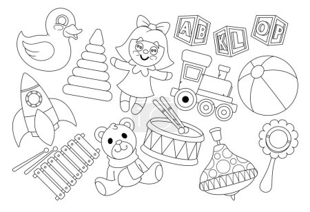 Photo for Kids Toys Outline Vector Icons Set. Rubber Duck, Pyramid, Doll or Train. Cubes, Rocket, Teddy Bear and Xylophone, Drum and Whirligig. Rattle and Colorful Ball. Vibrant Playthings Monochrome Collection - Royalty Free Image