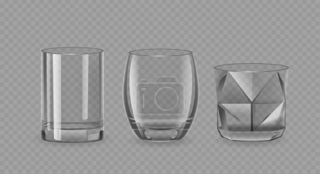 Photo for Realistic Drinking Glasses, Isolated 3d Vector Clear Durable Cups Featuring Cylindrical, Crystal and Rounded Shapes With A Wide Base And A Narrower Opening. Transparent Mugs for Beverages and Drinks - Royalty Free Image