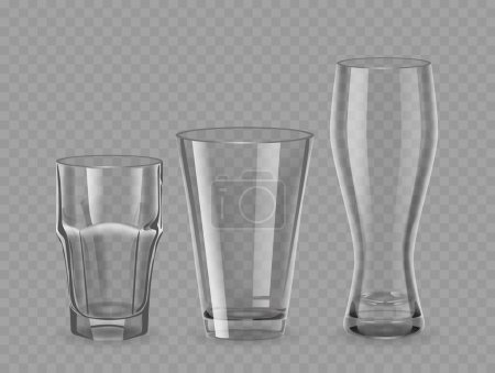 Photo for Realistic Drinking Glasses, 3d Vector Transparent Durable Glasses of Cylindrical Shapes, Tapering Towards The Base. They Hold Various Volumes Of Liquid, Feature A Smooth Rim For Comfortable Drinking - Royalty Free Image