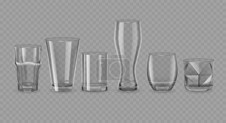 Illustration for Realistic Drinking Glasses of Different Shapes. 3d Vector Set of Clear Sturdy Glasses for Liquids, Featuring A Cylindrical Shape With A Broad Base For Stability And A Narrower Opening For Sipping - Royalty Free Image