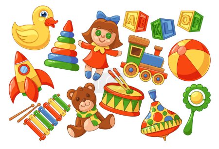 Photo for Kids Toys Set. Rubber Duck, Pyramid, Doll and Train. Cubes, Rocket, Teddy Bear and Xylophone, Drum and Whirligig. Rattle and Colorful Ball. Vibrant Playthings Collection. Cartoon Vector Illustration - Royalty Free Image