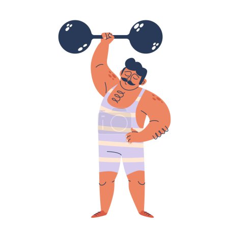 Photo for Brawny Circus Strongman In Striped Attire, Showcases Incredible Strength, Effortlessly Hoisting A Massive Barbell Aloft To Captivate The Audience during Circus performance. Cartoon Vector illustration - Royalty Free Image