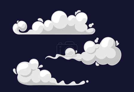 Nube blanca de dibujos animados de senderos de humo, cigarrillos o bebidas calientes vapor. Explosión, tráfico de humo o velocidad Trail, nube Puff, vapor, insecticida Smog Flow Motion Elementos aislados. Ilustración vectorial