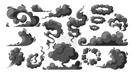 Nubes de humo de dibujos animados, aroma negro vectorial o vapor tóxico, vapor de polvo. Elementos de diseño, niebla de flujo o vapor químico ahumado. Boom cómico y efectos de vapor iconos aislados establecidos sobre fondo blanco