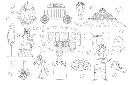 Photo for Circus Artists, Animals and Objects Outline Monochrome Vector Icons Set. Amusement Show Clown, Marquee, Strongman and Aerial Gymnast. Tiger, Rabbit in Hat, Monkey Carnival Performance Linear Elements - Royalty Free Image