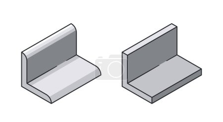 Dos perfiles de metal en ángulo. Construcciones con forma de L doblada y superficie reflectante. Artículos de acero o aluminio usados en la construcción o fabricación para el soporte estructural, iconos isométricos del vector 3d