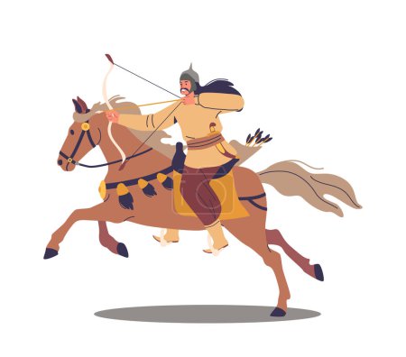 Illustration for Asian Mongol Lone Archer Riding On Horseback Drawing His Bow, Poised To Release An Arrow, Exemplifying The Solitary Focus And Skill Of An Ancient Warrior Character. Cartoon People Vector Illustration - Royalty Free Image
