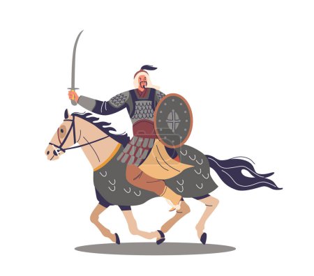 Téléchargez les illustrations : Guerrier mongol avec une épée à cheval. Personnage conquérant asiatique élevant son sabre haut, symbolisant le leadership et la bravoure dans les batailles antiques. Illustration vectorielle des personnages de bande dessinée - en licence libre de droit