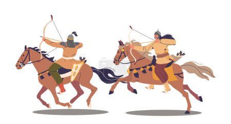 Ilustración de Dos arqueros mongoles a caballo, capturados a mitad de acción. Los personajes asiáticos apuntan a sus arcos, reflejando la agilidad y la habilidad de los antiguos arqueros de caballería en la guerra de batalla. Dibujos animados Gente Vector Ilustración - Imagen libre de derechos