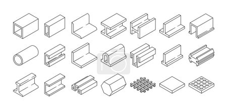 Profils en acier utilisés dans la construction et l'architecture dans un style isométrique d'art linéaire. Schéma vectoriel Ensemble de tubes carrés, poutres en I, tuyaux et autres formes structurelles. Variété de profils métalliques communs
