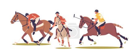 Téléchargez les illustrations : Trois personnages de joueurs de polo engagés dans le match, concentrés sur le ballon. Leur concentration et le mouvement de leurs chevaux mettent en évidence le défi sportif et l'élégance. Illustration vectorielle des personnages de bande dessinée - en licence libre de droit