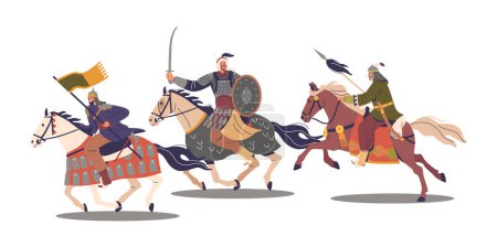 Téléchargez les illustrations : Puissante charge de personnages de guerriers mongols asiatiques blindés à cheval, brandissant des armes avec un affichage de tactiques de combat agressives dans un contexte historique. Illustration vectorielle des personnages de bande dessinée - en licence libre de droit
