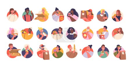 Ilustración de Vector People Avatars Set. Personajes alegres dentro de los iconos redondos que interactúan con varios comestibles, incluyendo pizza, hamburguesas, helado y palomitas de maíz, presentado en un formato de dibujos animados vívido y juguetón - Imagen libre de derechos