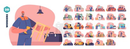Illustration for Isolated Vector Elements With Cartoon Workers Characters In Different Professions, Farming, Car Washing, Coal Mining, Furniture Repair, Manufacture Or Gardening. People Showing Unique Job Settings - Royalty Free Image