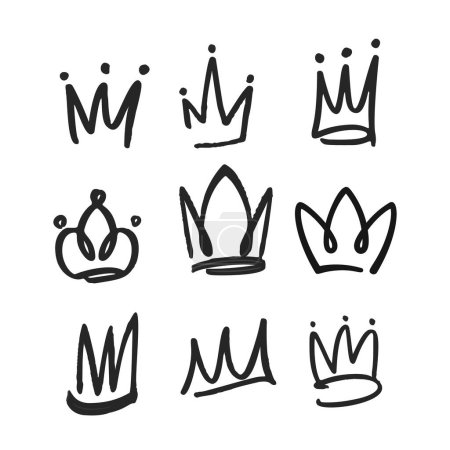Ilustración de Colección de iconos de coronas de Doodle, Array juguetón de diademas dibujadas a mano, Tiaras, y ropa de cabecera real para princesas, príncipes, reinas y reyes en formato vectorial monocromático, perfecto para proyectos creativos - Imagen libre de derechos