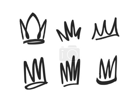 Téléchargez les illustrations : Funny Doodle Crowns Collection. Diadèmes ludiques, dessinés à la main, Tiaras et coiffures royales. Éléments vectoriels monochromes pour princesses, princes, reines ou rois. Icônes Graffiti noir sur fond blanc - en licence libre de droit