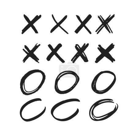 Kreuze und Kreise Manuskriptmarken. Isolierte Vektor-Monochrom-X- oder O-Zeichen auf weißem Hintergrund. Schriftzeichen im handgezeichneten skizzenhaften Stil. Runde Rahmen und Kreuzelemente für Tic Tac Toe Xo Game