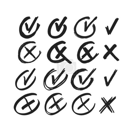 Illustration for Doodle Cross And Check Marks Inside Of Round Frames. Vector X Symbol Indicating Incorrect Or Negative, While A Check Mark V Symbol Indicating Correct Or Affirmative. Sketchy Hand Drawn Signs - Royalty Free Image