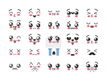 Téléchargez les illustrations : Kawaii Facial Expressions, Emojis Set. Angry, Bloat with Rainbow, Smile, Mustached Gentleman, Shy and Sleeping, Vampire with Fangs, Kissing Sweet Characters Emotions. Illustration vectorielle de bande dessinée - en licence libre de droit