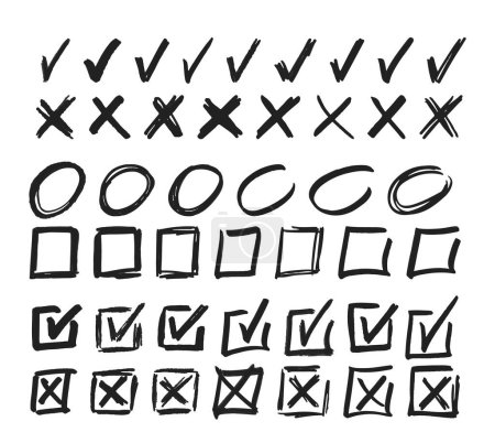 Doodle Cross and Check Marks, Square Boxes and Circle Frames Manuscript Writing Elements. Vector X Symbol Indicating Incorrect Or Negative, V Symbol Indicating Correct Or Affirmative
