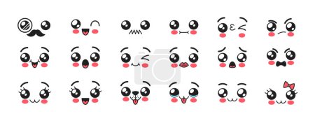 Ilustración de Emojis de la cara de Kawaii, adorable y expresivo lindo niño o niña, animales, mascotas como gato o perro, bozales con grandes ojos redondos, lenguas pegajosas y expresiones alegres. Ilustración de vectores de dibujos animados - Imagen libre de derechos