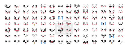 Ilustración de Kawaii Emojis, caras lindas expresivas adorables, transmiten afecto, felicidad, tristeza o alegría con ojos grandes, mejillas rosadas y boca sonriente con un leve rubor. Ilustración de vectores de dibujos animados - Imagen libre de derechos
