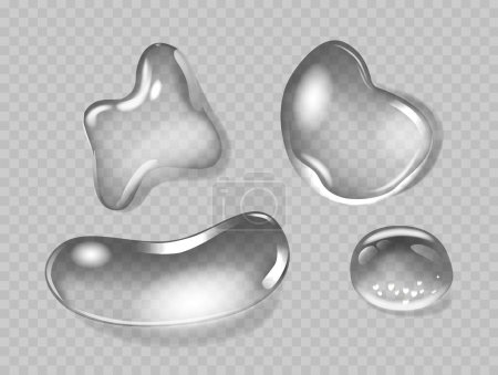 Illustration for Transparent Water Droplets, Dews Or Tears In Different Shapes. Isolated 3d Vector Graphics Depicting Aqua Bubbles Or Droplets. Crystal Clear And Glossy Condensation Or Raindrops, Fluid Drip Collection - Royalty Free Image